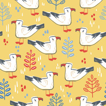 Vector Seamless Pattern  With Walking Gull. Bird And Leaves, Natural Colors.