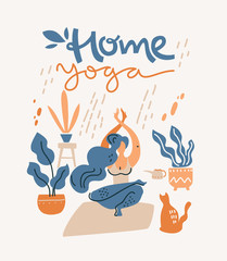 Woman do yoga by self at home.Cat and home plants around. Vector flat illustration.