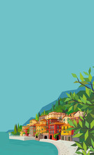 Beautiful Italian Landscape With Water, Houses, Mountains. Mediterranean Background For Vertical Banners And Posters.