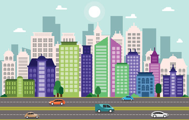 Wall Mural - City Cityscape Skyline Landmark Building Traffic Street Illustration