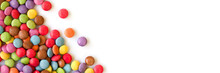 Colorful Sugar Coated Round Candies Isolated On Panoramic White Background