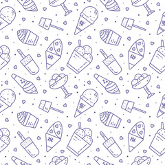 Cute hand drawn seamless pattern with different types of ice cream. Endless texture with sweet desserts for cafe or restaurant menu, wrapping paper, fabric, wallpaper. illustration