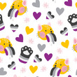 Seamless pattern with LGBT signs for asexual people. Cats, paws, hearts and stars in flat design.