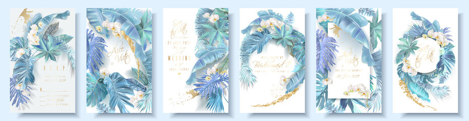 vector vertical wedding invitation card set with light blue tropical leaves and orchid flowers. save