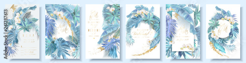 Fotografía Vector vertical wedding invitation card set with light blue tropical leaves and orchid flowers