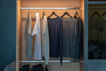 modern closet with clothes hanging