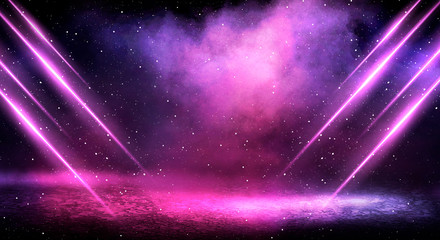 ultraviolet background of empty foggy street with wet asphalt, illuminated by a searchlight, laser b