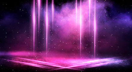 Wall Mural - Ultraviolet background of empty foggy street with wet asphalt, illuminated by a searchlight, laser beams, smoke