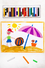 Wall Mural - Colorful drawing: beach vacation. Smiling boy with colorful ball and sun umbrella