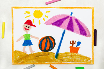 Wall Mural - Colorful drawing: beach vacation. Smiling boy with colorful ball and sun umbrella