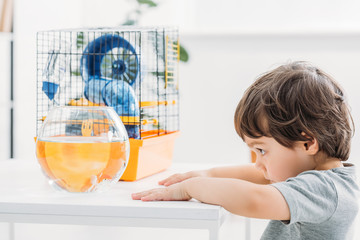 Wall Mural - adorable boy standing near table with fish bowl and per cage at home