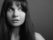 © golubovy - Impressed cute young lady. Wondering facial expression. Black and white closeup portrait of emotional brunette girl.