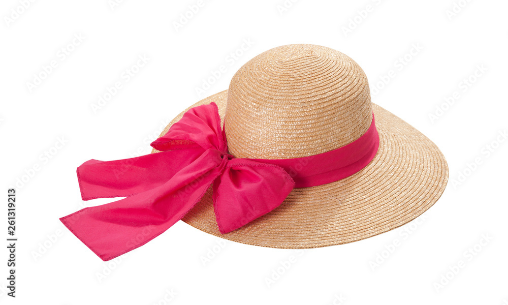 Pretty straw hat with ribbon and bow on white background. Beach hat top ...