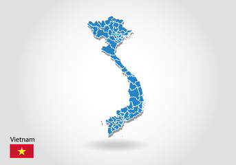 Vietnam map design with 3D style. Blue Vietnam map and National flag. Simple vector map with contour, shape, outline, on white.