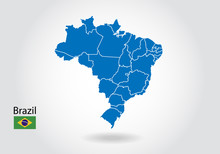 Brazil Map Design With 3D Style. Blue Brazil Map And National Flag. Simple Vector Map With Contour, Shape, Outline, On White.