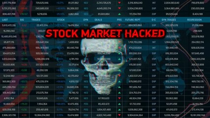 Wall Mural - Stock market hacked, stock exchange manipulations, stolen accounts, crash. Pirate skull on financial background