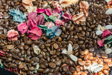 Coffee beans used to decorate the shop, table in the shop