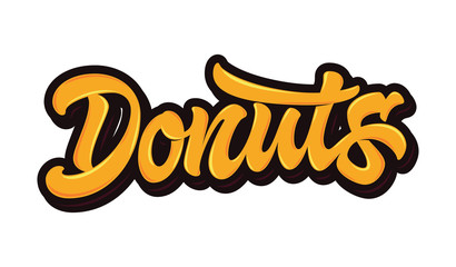 Donuts. Vector lettering in bright orange color with glare and outline isolated on white background. Concept for logo, card, typography, poster, print. 