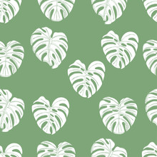 Seamless Pattern  With  White Inverted  Monstera Leaves On Green Background. Hand Drawn Sketch.