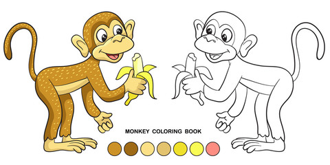 monkey coloring book with a banana, cartoon character, flat style.