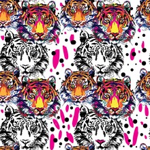 Seamless Pattern With Tigers. Pop Art. Stylish Colorful Background. Summer Print. Figure Markers.