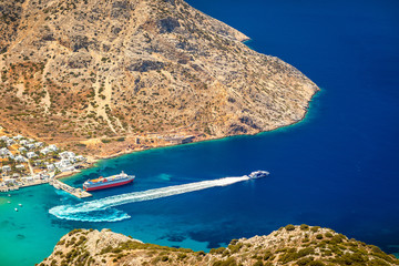 Wall Mural - Aerial view of the seacoast of Sifnos island, Greece, with ferry boats