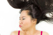 © Nutt - Closeup portrait of happy asian women  lying on ground with black long hair. acting smile, fun,