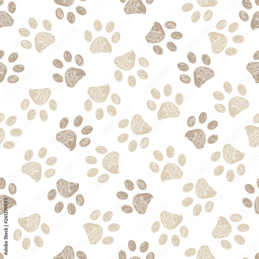 Seamless pattern for textile design. Seamless light brown colored paw print background - obrazy, fototapety, plakaty 