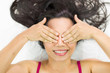 © Nutt - asian women  lying on ground with black long hair. acting smile, happy, and showing close her eyes.