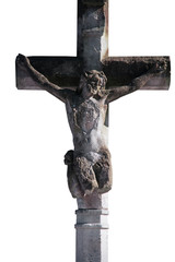 Holy cross with crucified Jesus Christ. Ancient statue isolated on white background.