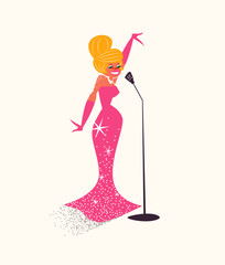 Wall Mural - Retro cartoon woman singer on isolated background