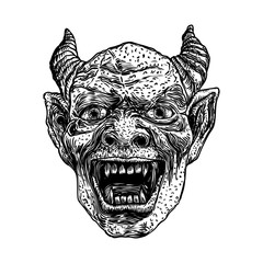 Wall Mural - Devil head with big demon horns or antlers and sharp fangs. Satan or Lucifer fallen angel depiction. Gargoyle human like chimera fantastic beast creature with dark scary face. Vector.