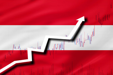 White arrow and stocks chart growth up on the background of the flag of Austria