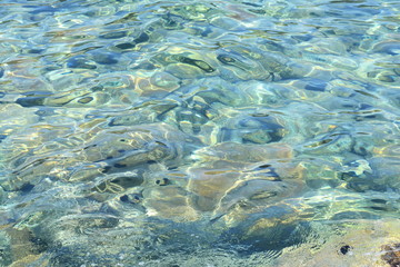 Texture of water. Abstract image of top view of shiny wave of clear sea water over sand beach, for beautiful background decoration of summer time. Game of light on the sea, sand beach . sea urchins.