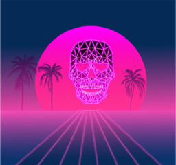 Wall Mural - Purple and pink spectrum background with palm trees and skull, vaporwave style.