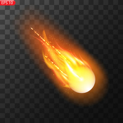 Wall Mural - Vector illustration of realistic falling comet. Isolated transparent background. Shooting star, meteor