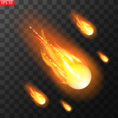 Wall Mural - Vector illustration of realistic falling comet. Isolated transparent background. Shooting star, meteor