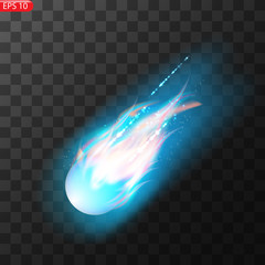 Wall Mural - Vector illustration of realistic falling comet. Isolated transparent background. Shooting star, meteor