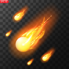 Wall Mural - Vector illustration of realistic falling comet. Isolated transparent background. Shooting star, meteor