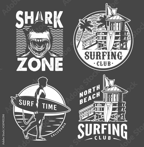 Monochrome vintage surfing badges set