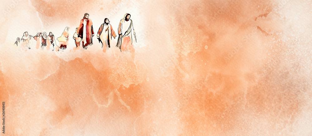 Jesus and the disciples. Christian watercolor background - obrazy, fototapety, plakaty 