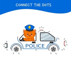 Poster - Educational game for kids. Dot to dot game for children. Cartoon cute cat in a police car.