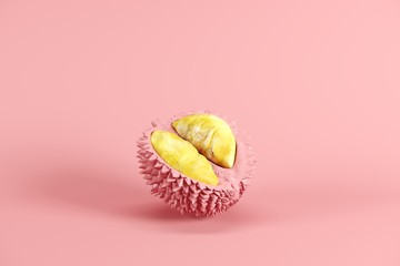 Wall Mural - Fresh cut ripe durian with peel painted in pink isolated on pastel pink background. Minimal fruit idea concept.