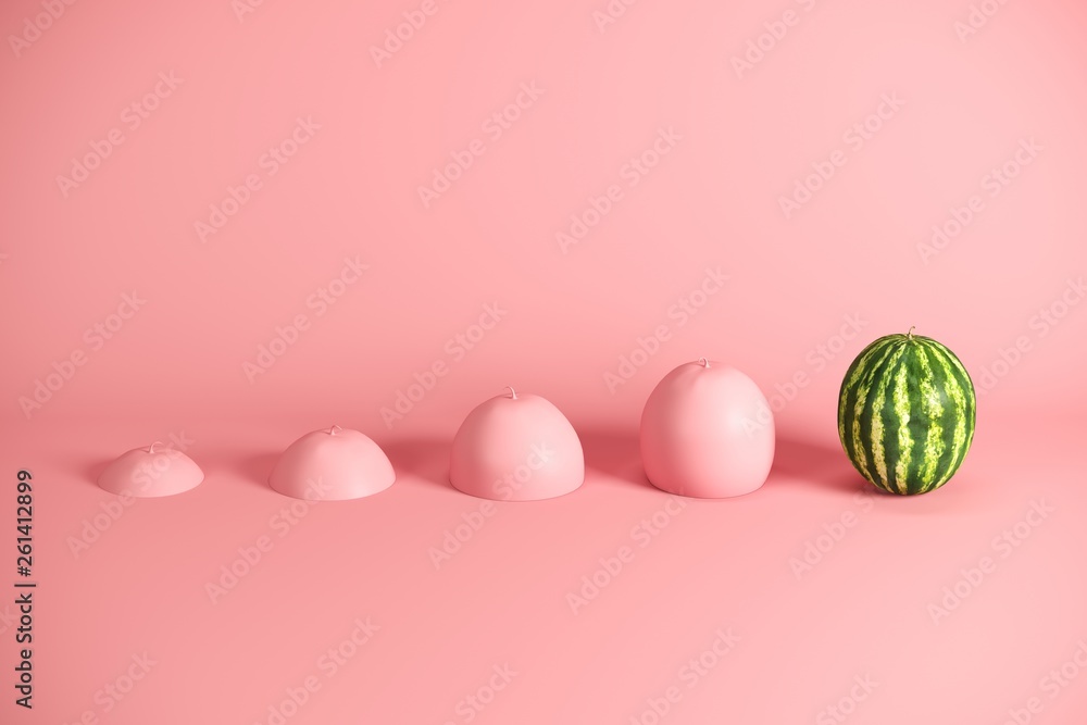 Outstanding fresh watermelon and slices of watermelon painted in pink on pink background. Minimal fruit idea concept. - obrazy, fototapety, plakaty 