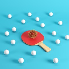 Wall Mural - Whole ripe rambutan on ping pong paddle with red rubber surrounded by white ping pong balls on blue background. Minimal fruit idea concept.