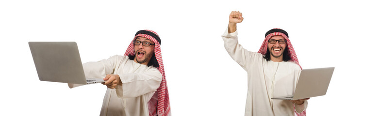 Arab man with laptop isolated on white