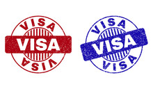 Grunge VISA Round Stamp Seals Isolated On A White Background. Round Seals With Grunge Texture In Red And Blue Colors. Vector Rubber Imitation Of VISA Title Inside Circle Form With Stripes.