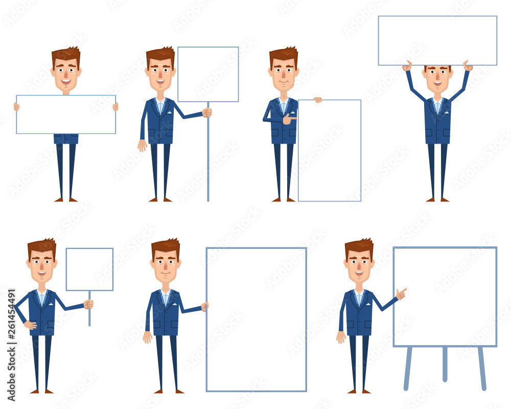 Set of businessman characters posing with different blank banners. Cheerful businessman with paper, poster, placard, pointing to whiteboard, teach, advertise, promote. Flat vector illustration - obrazy, fototapety, plakaty 