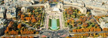 Panoramic View From The Eiffel Tower On The Trocadero Gardens And The Chaillot Palace In Paris, A Large Increase In High Contrast, Bright Autumn Colors. Travel, Architecture.
