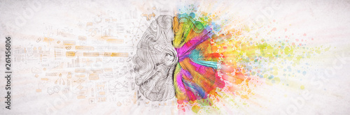 Left right human brain concept, textured illustration. Creative left and righ...